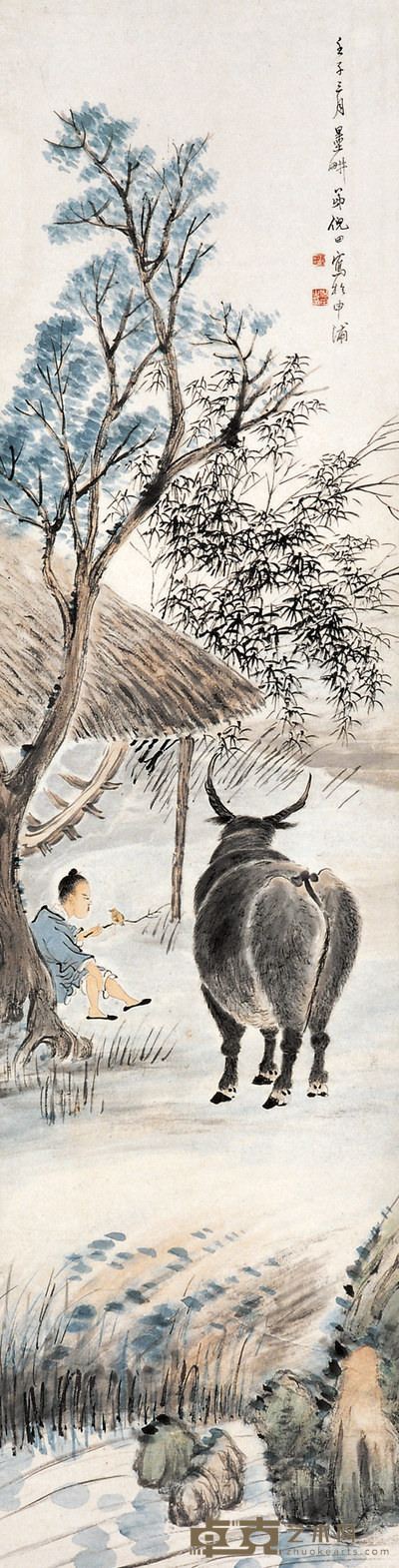倪田 1912年作 牧牛图 立轴 142×38cm