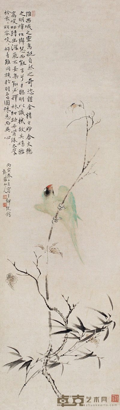 华嵒 1746年作 绿衣翠禽图 立轴 143×43cm