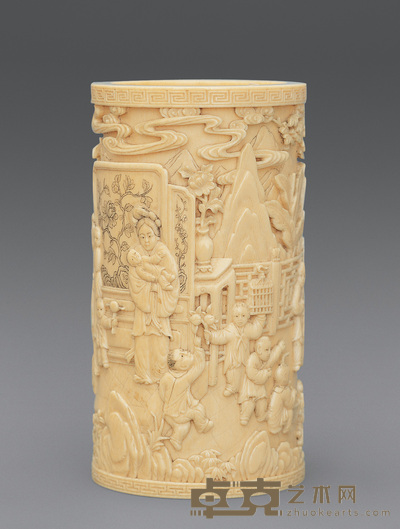 清 象牙雕人物笔筒 高15cm