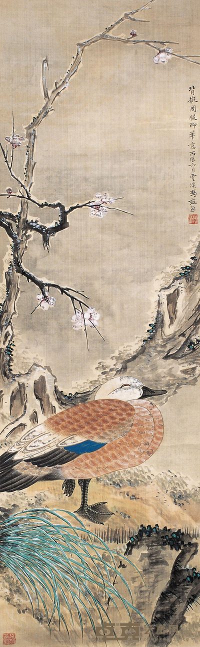 冯超然 1916年作 梅花寒禽 立轴 109×34cm