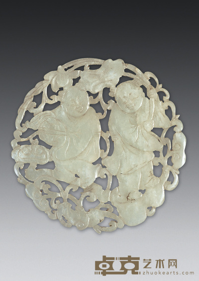 清 玉人物花卉牌 径7.5cm