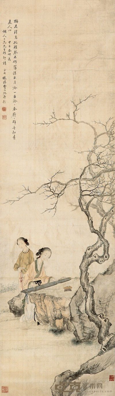 费丹旭 1834年作 抚琴仕女图 立轴 127×37cm