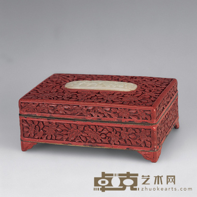 清 铜胎剔红镶玉盒 长16cm;宽11cm;高6cm