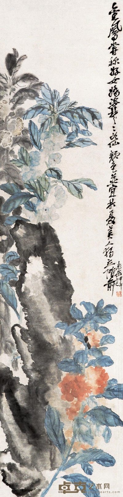 吴昌硕 1895年作 花卉 立轴 132×33cm