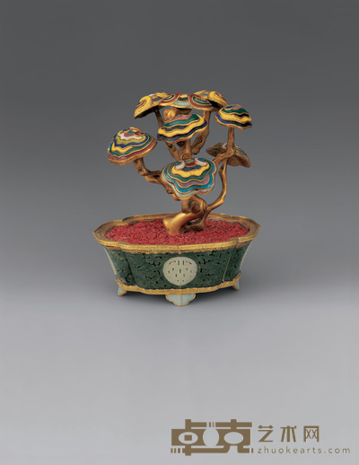 清 碧玉嵌白玉如意花盆 高27cm
