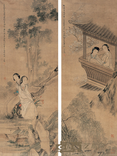 费丹旭 仕女图 对屏 92×34cm