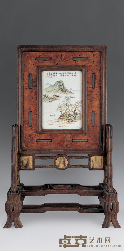 清 红木软彩山水插屏 高78cm