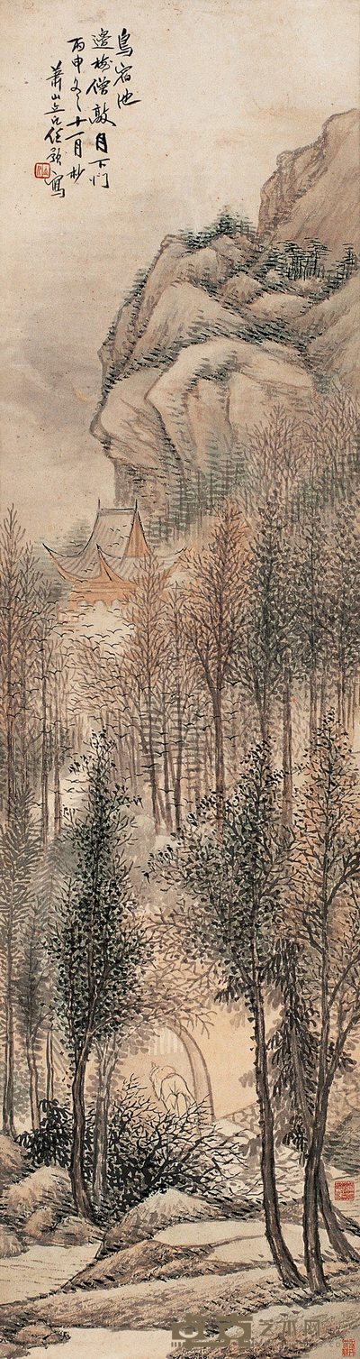 任预 1896年作 鸟宿池图 立轴 148×40cm