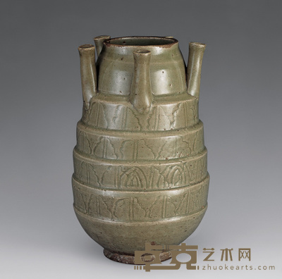 宋 龙泉窑暗刻五管瓶 高25cm