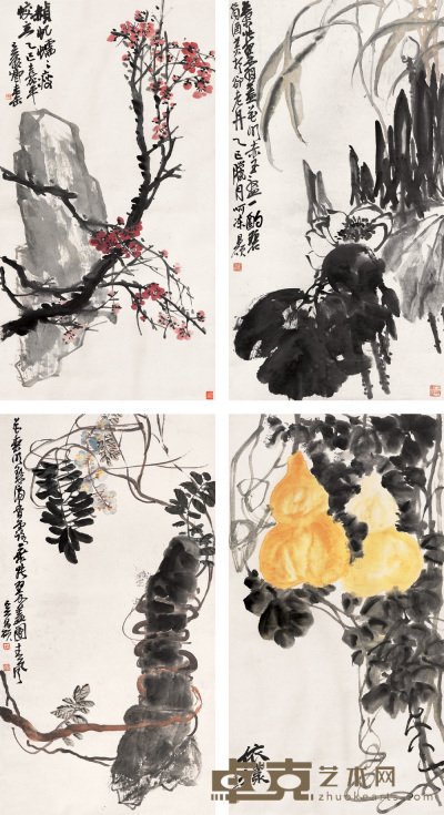 吴昌硕 1905年作 花卉 四屏 87×48cm×4