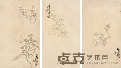 陈子庄 线描花卉之二、之五、之六 镜心 34×20cm×3