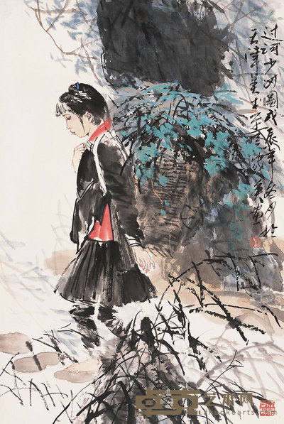 何家英 1988年作 过河少女图 镜心 68×45cm