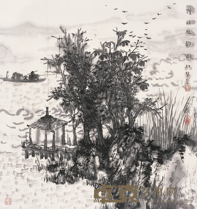 何加林 烟江放钓图 镜心 48×45cm