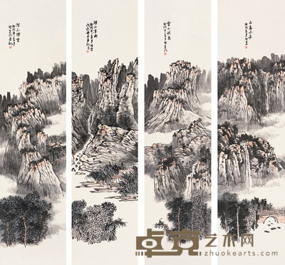 郭明堂 2006年作 山水 四屏 138×34cm×4