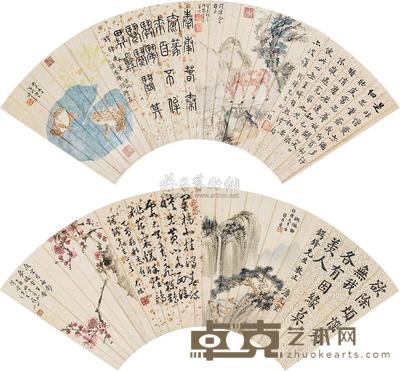 邹一桂 张贞章 石坡 等 隔景书画 （二幅） 扇片 18×52cm×2