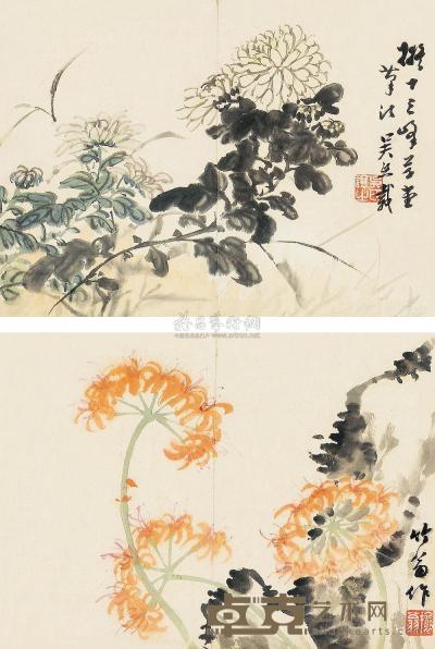 吴让之 花卉 屏轴双挖 26×35cm×2