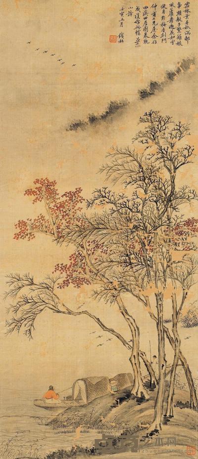 钱杜 壬寅（1842）年作 曲溪田居 镜心 69×30cm