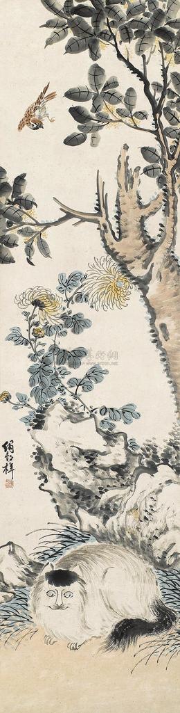 孟毓梓 菊石小猫 立轴