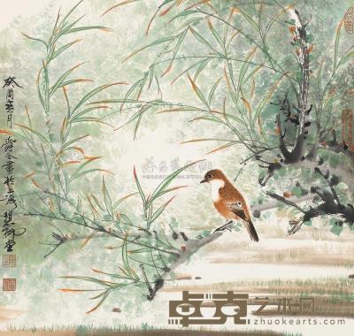 陈舜今 癸酉（1993）年作 山雀小憩  屏轴 60×60cm