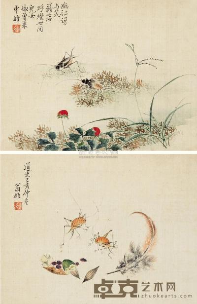 翁小海 1839年作 花卉草虫 镜心 16×20cm×2