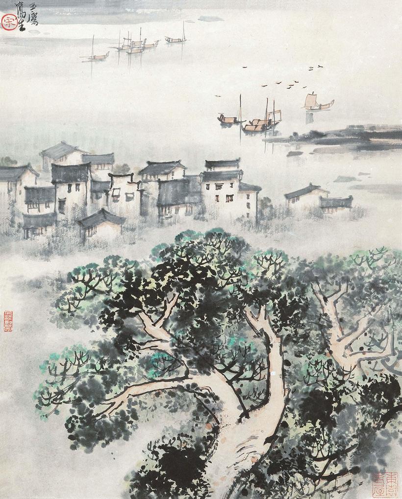 宋玉麟 渔村暮色图 立轴