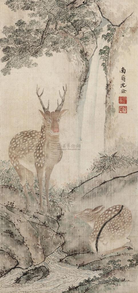 沈铨 （款） 双鹿图 立轴