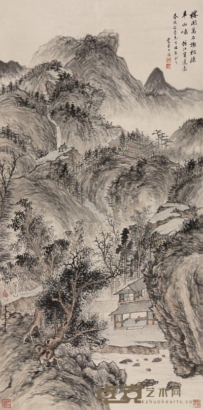 顾沄 松栎楼阁 立轴 118×59cm