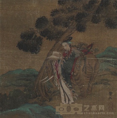 仇英 倚象读书图 立轴 29×28cm