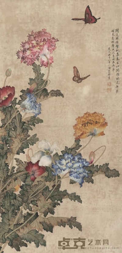 翁小海 1846年作 蜀葵秋蝶图 立轴 90×45cm