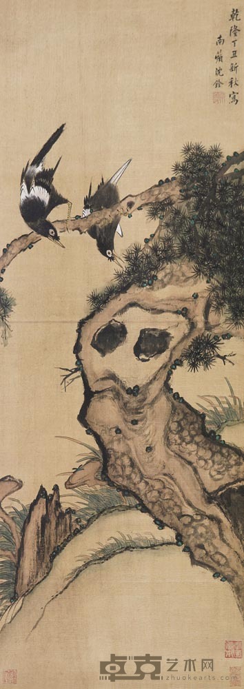 沈铨 古松喜鹊图 立轴 100×36cm
