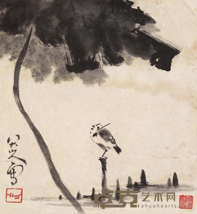 八大山人 荷花小鸟 镜心 25×23cm