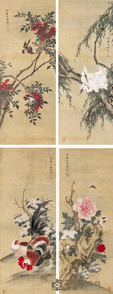 沈铨 花鸟六扇屏风 屏风 84×32cm×6