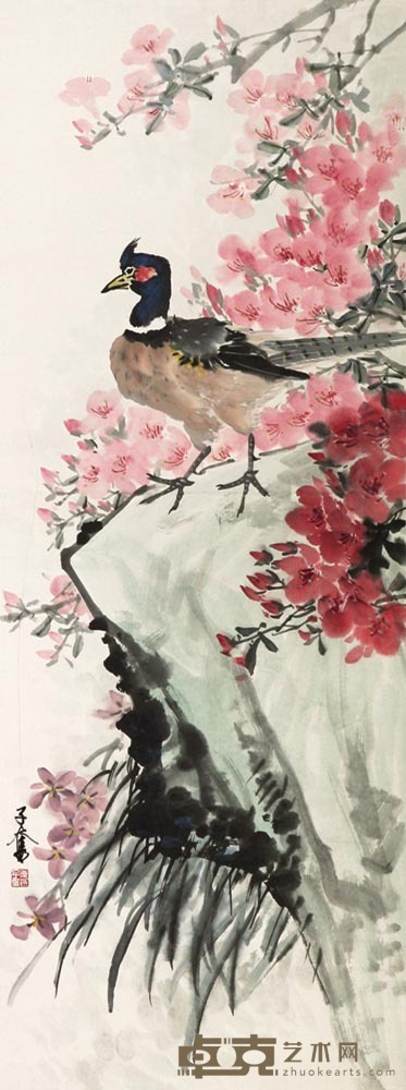 陈子奋 桃花锦羽 立轴 91×34cm