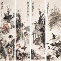 金寿石 1907年作 山水人物 四屏