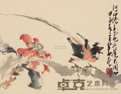 赵少昂 甲子（1984）年作 花卉小鸟 镜框 30×39cm