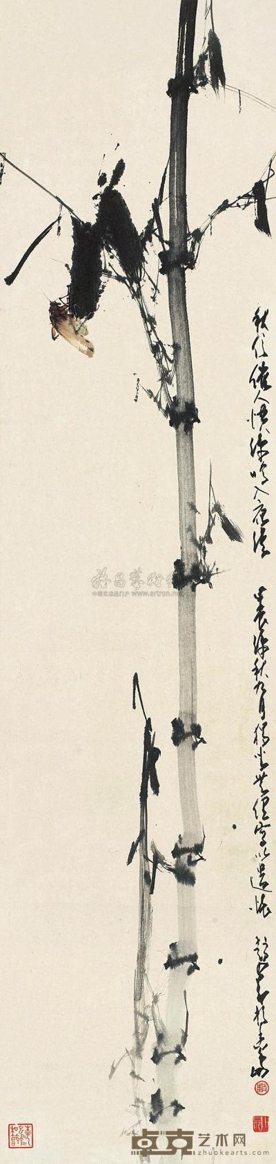 赵少昂 甲辰（1964）年作 竹子草虫 镜片 146×35cm