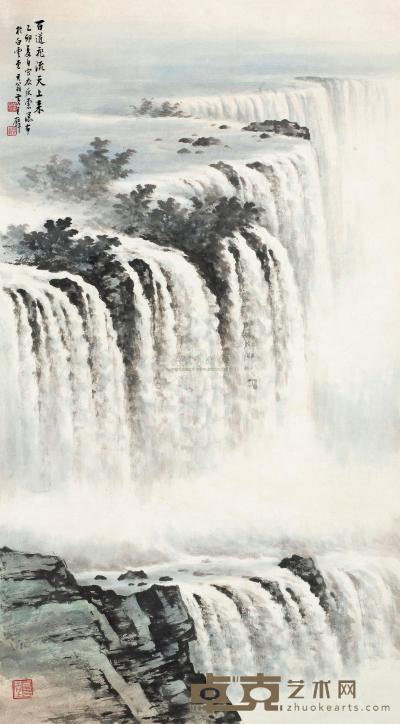 黄君璧 乙卯（1975）年作 百道飞流天上来 镜片 90.5×50cm