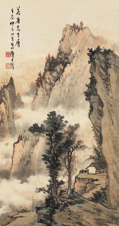 黄君璧 壬辰（1952）年作 云山人家 立轴 56×29.5cm