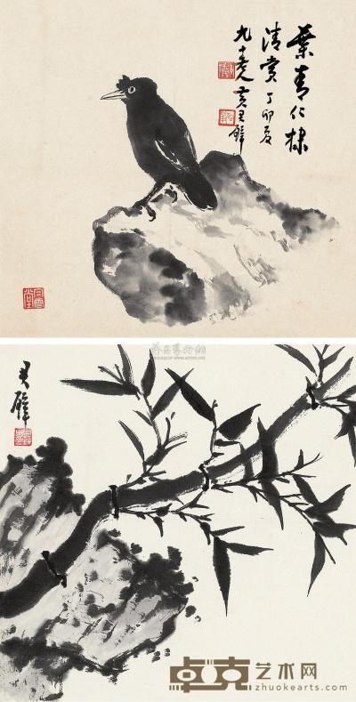 黄君璧 丁卯（1987）年作 竹雀合璧 立轴 30×30cm×2