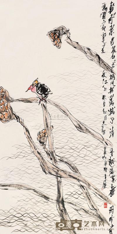 江文湛 癸酉（1993）年作 荷叶小鸟 镜片 132×69cm