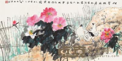 江文湛 乙酉（2005）年作 白鸽芍药图 镜片 69×138.5cm