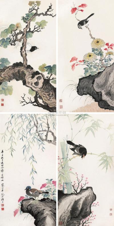 江寒汀 辛丑（1961）年作 花鸟 镜框四屏