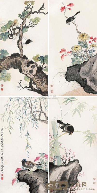 江寒汀 辛丑（1961）年作 花鸟 镜框四屏 68×33cm×4