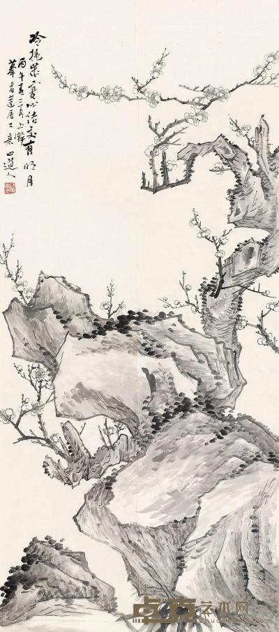 金心兰 丙午（1906）年作 梅石图 镜片 107×49.5cm