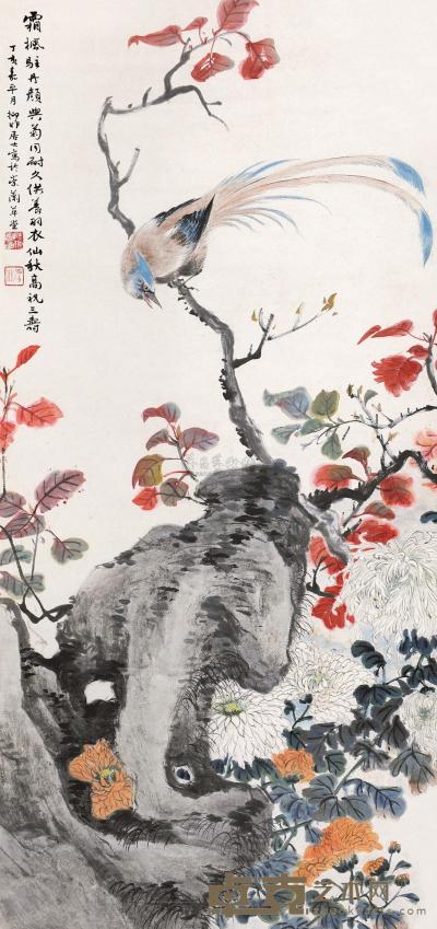 陆抑非 丁亥（1947）年作 霜枫丹颜 镜片 102.5×48cm