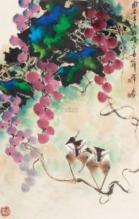 韩天衡 己卯（1999）年作 葡萄小鸟 镜框