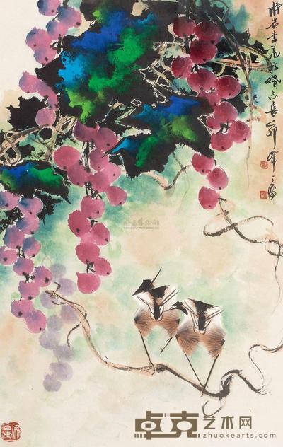 韩天衡 己卯(1999)年作 葡萄小鸟 镜框 67×42.5cm