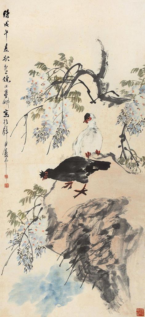 倪墨耕 戊午（1918）年作 繁花双禽 立轴