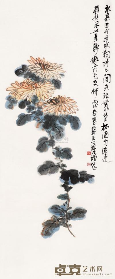 谢稚柳 丙戌（1946）年作 菊花 镜框 94×37.5cm