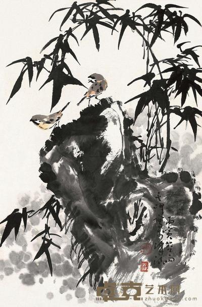 孙其峰 丙寅（1986）年作 竹石小鸟 立轴 69×45cm